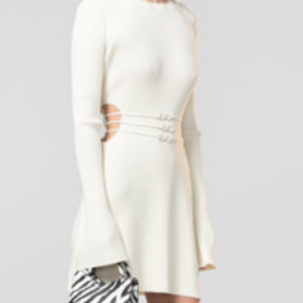 Mach & Mach tri-bow adorned ribbed knit mini dress S - Creme